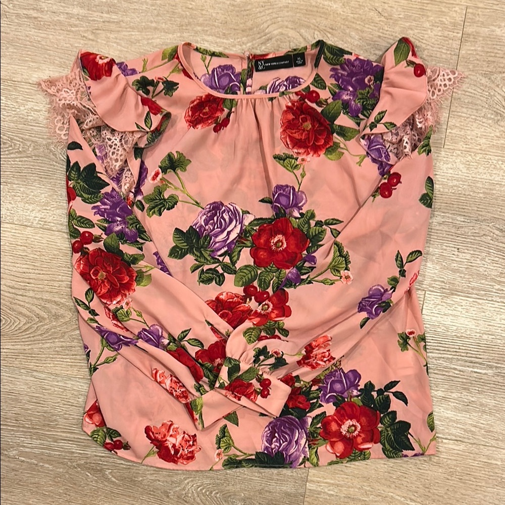 New York & Company Pink Floral Blouse with Red and Purple Accents